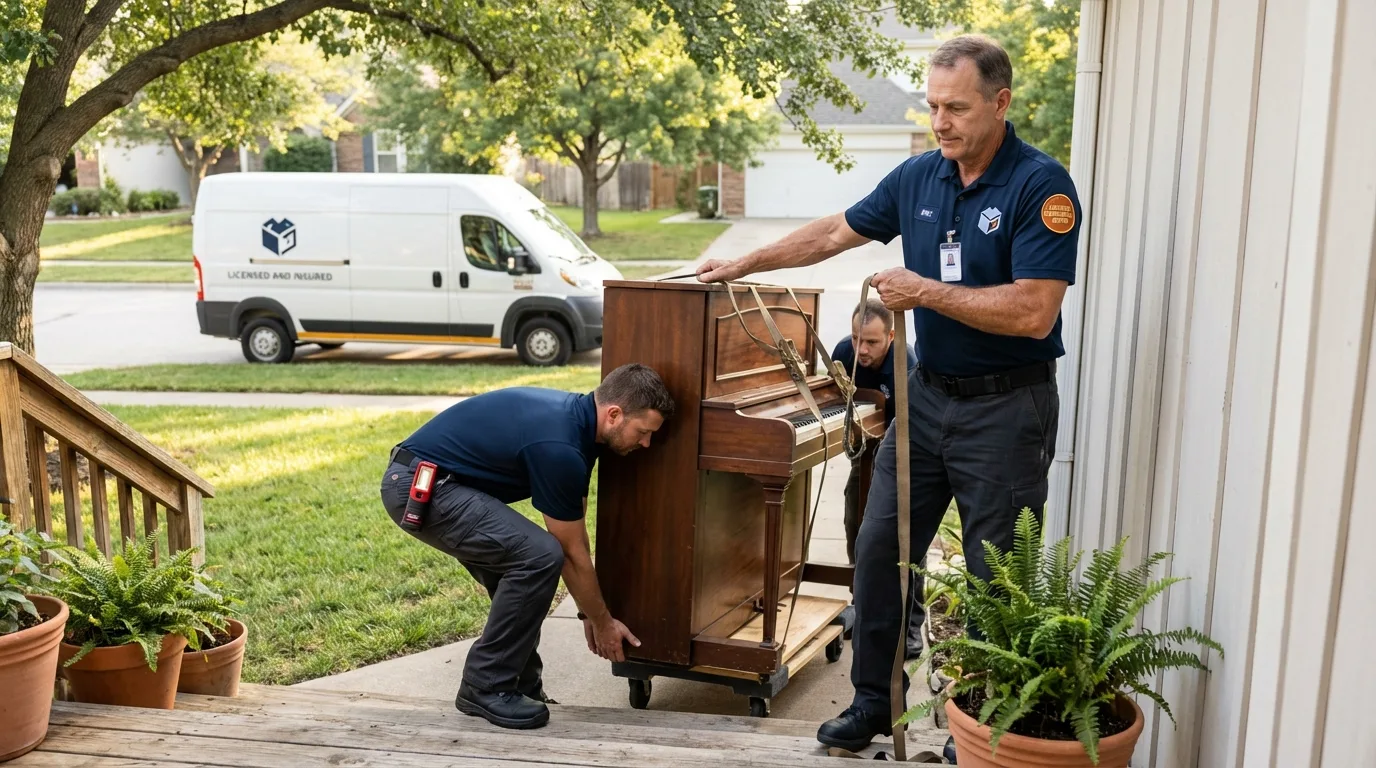 Licensed piano movers securing grand piano in Rockford, IL
