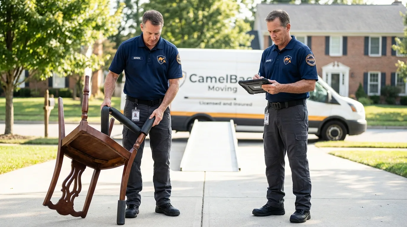 Movers inspecting furniture for damage prevention before loading in Rockford, IL